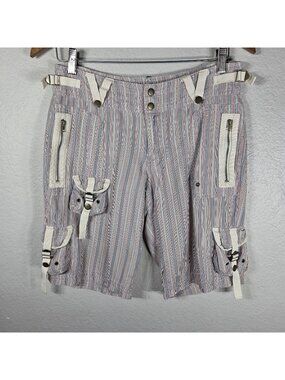Da-Nang Linen Shorts Mens Size M Cargo Pockets Buckle Utility Stripe Red Blue
